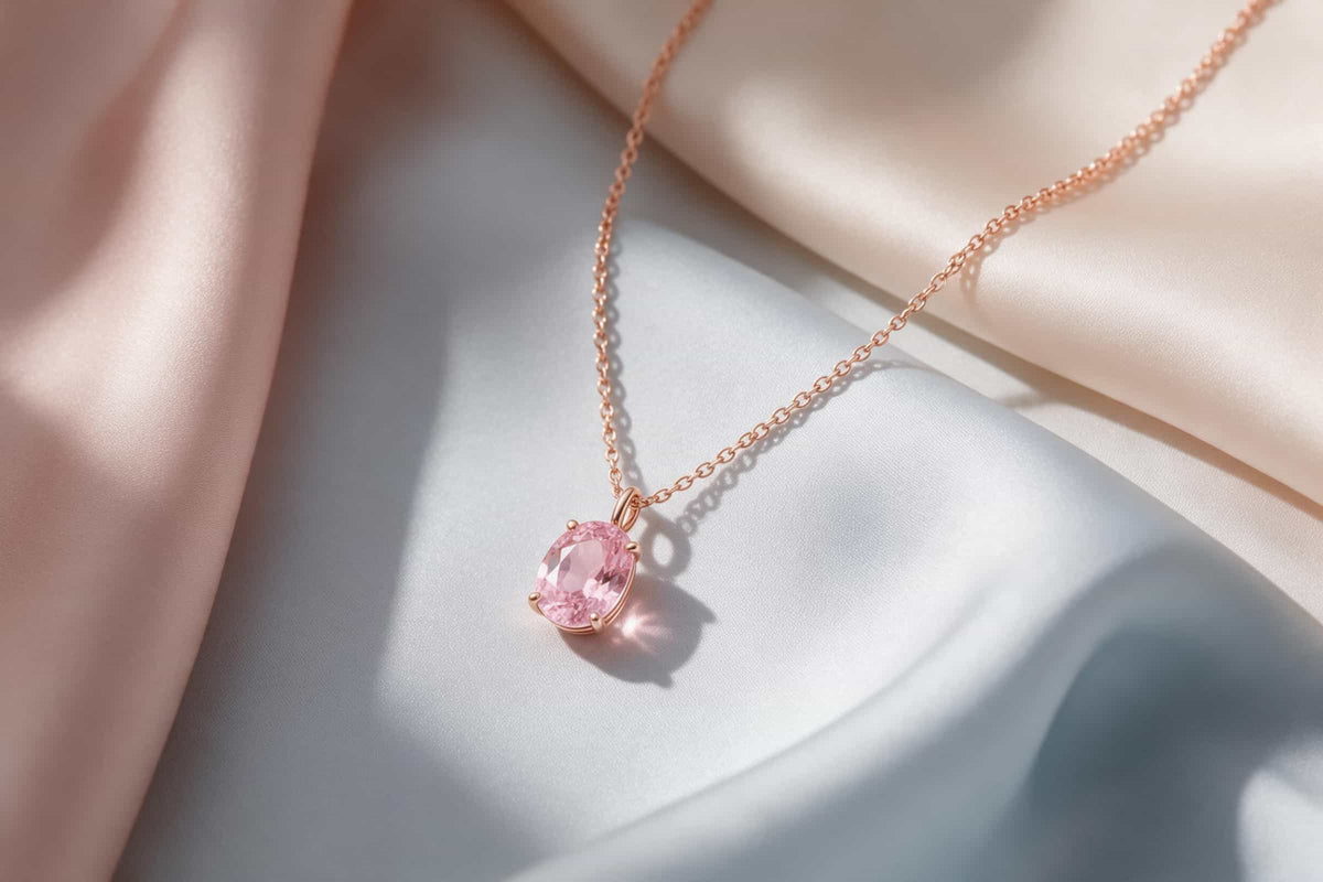 MAROVA JEWELS minimalist oval-cut pink gemstone solitaire pendant necklace in rose gold, four-prong setting on a delicate cable chain, styled on flowing pastel blue and champagne satin fabric, luxury fine jewelry photography