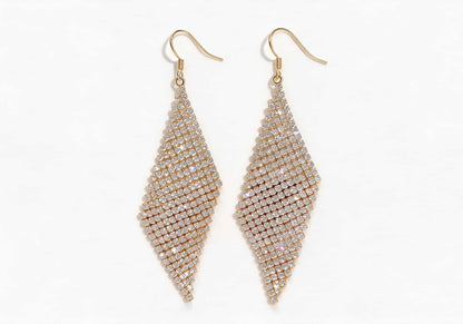 Gold-tone large rhombus ear hooks featuring a densely packed crystal mesh pattern resembling shimmering scales.