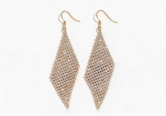 Gold-tone large rhombus ear hooks featuring a densely packed crystal mesh pattern resembling shimmering scales.