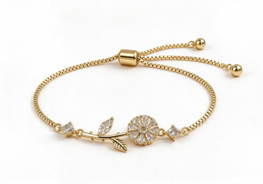 Gold box chain adjustable bracelet featuring a blossoming daisy and floral branch design with marquise and round clear zirconia, crafted in titanium steel.