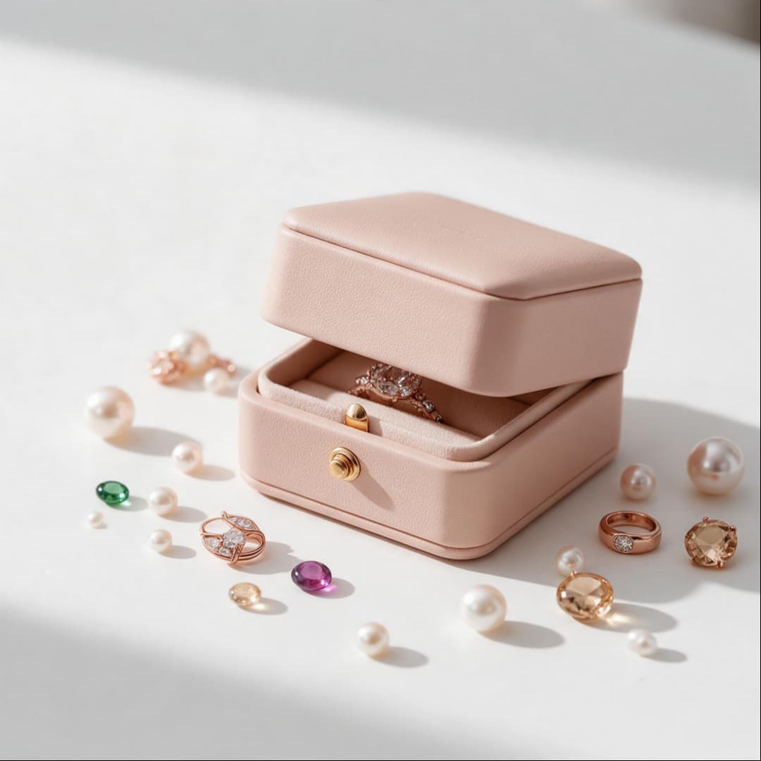 MAROVA JEWELS compact blush leather jewelry box with loose gemstones, pearls and delicate stackable rings, minimalist luxury jewelry storage with soft natural shadow lighting