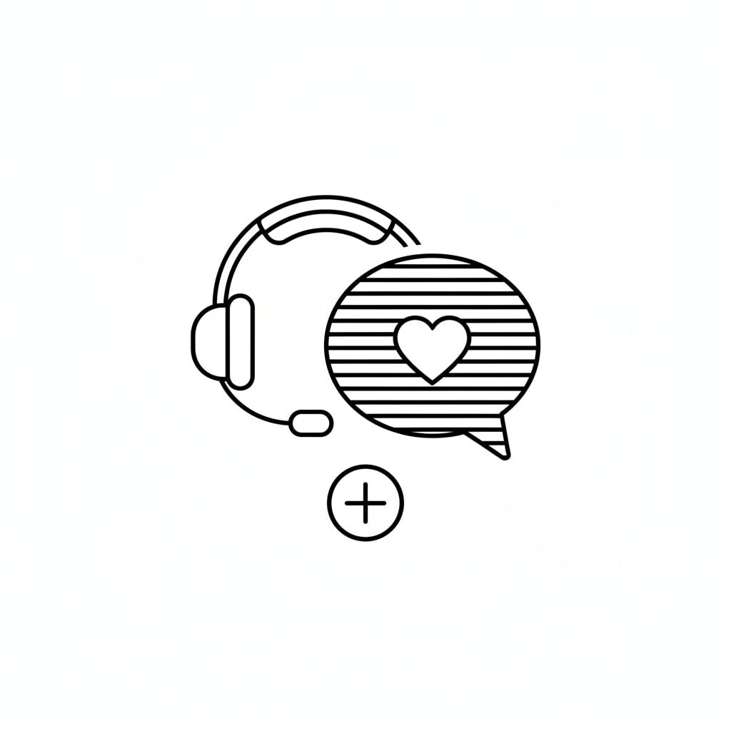 MAROVA JEWELS here to help customer service icon, minimalist line art headset and heart speech bubble, representing dedicated support for all order inquiries