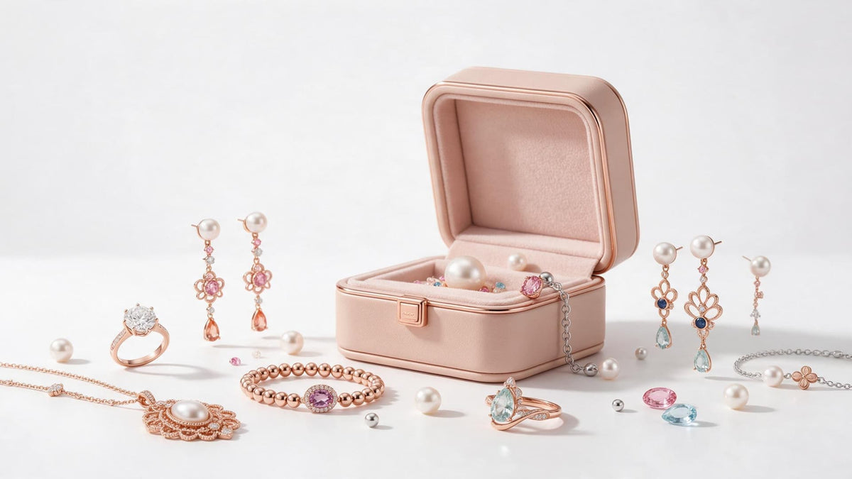 MAROVA JEWELS large blush pink travel jewelry box with fine jewelry assortment, featuring pearl drop earrings, diamond rings, gemstone pendants and beaded bracelets, premium luxury jewelry storage on clean white background