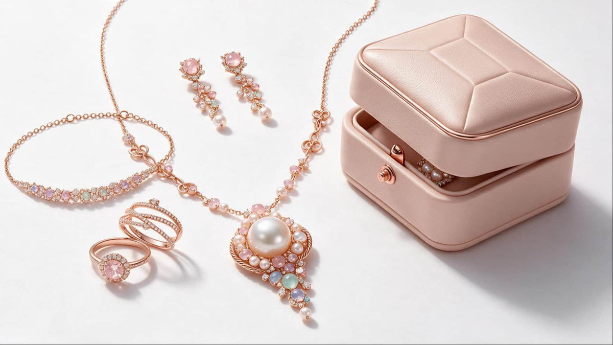 MAROVA JEWELS luxury pearl and pastel gemstone jewelry set with quilted blush jewelry box, includes statement pendant necklace, drop earrings, tennis bracelet and stacking rings, elegant romantic fine jewelry display