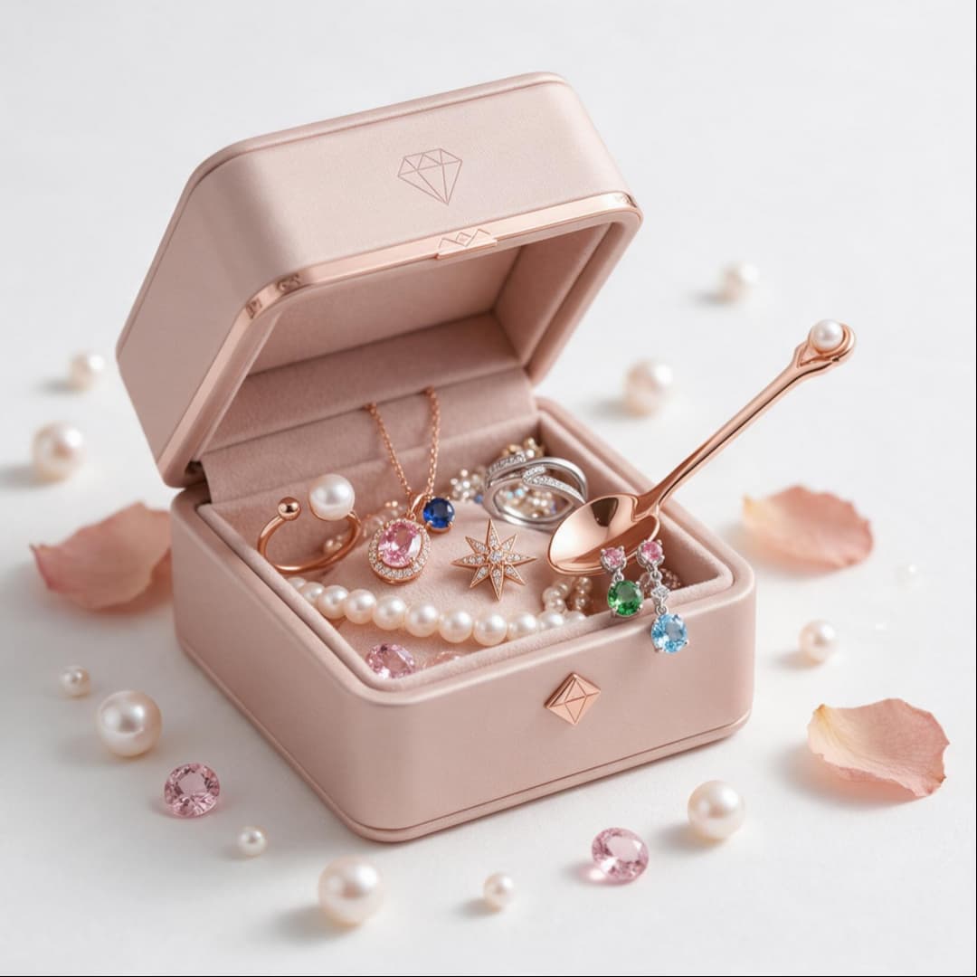 MAROVA JEWELS octagonal rose gold trim jewelry box filled with pearl jewelry, gemstone rings and lucky scoop, romantic luxury jewelry storage styled with pink petals and pearls