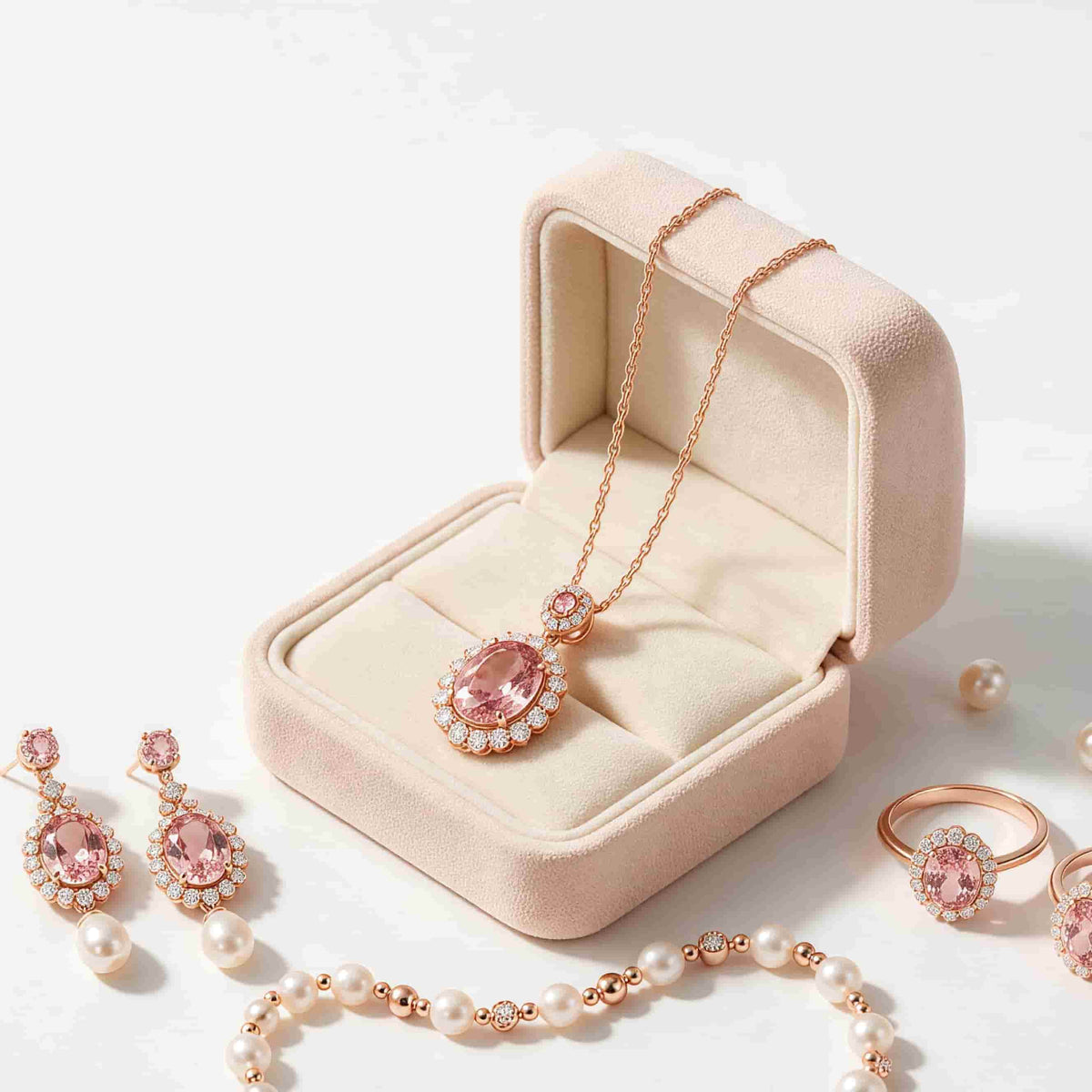 MAROVA JEWELS pink gemstone jewelry set in open blush velvet box, features oval-cut pendant necklace, matching drop earrings, ring and pearl chain bracelet, vintage luxury rose gold jewelry presentation