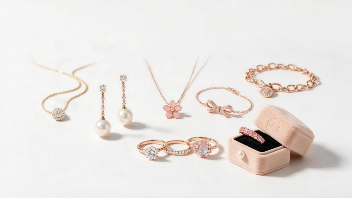 MAROVA JEWELS rose gold fine jewelry collection flat lay on clean white background, includes diamond necklaces, pearl drop earrings, bow bracelet, stackable rings and blush velvet jewelry box, romantic elegant luxury jewelry display
