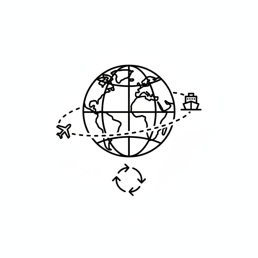 MAROVA JEWELS worldwide shipping icon, minimalist line art globe with airplane and cargo ship, representing free global delivery on orders over $120 USD