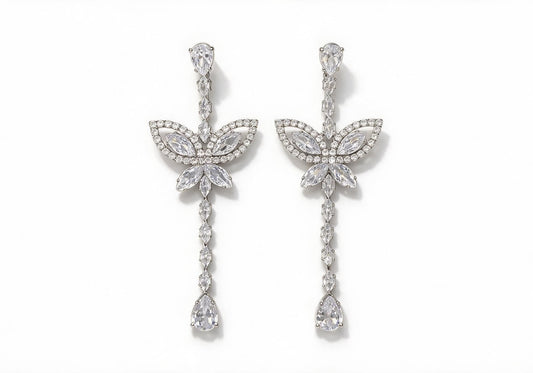 Silver-tone elongated drop earrings featuring a floral leaf center and a mix of marquise, teardrop, and square-cut clear zirconia, finishing with a large teardrop stone.