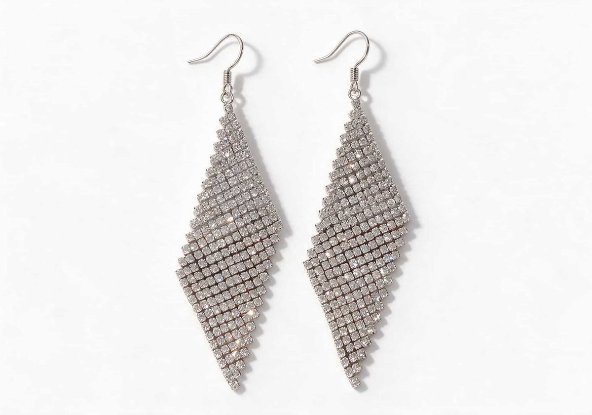 Silver-tone large rhombus ear hooks featuring a densely packed crystal mesh pattern resembling shimmering scales.