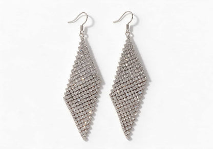 Silver-tone large rhombus ear hooks featuring a densely packed crystal mesh pattern resembling shimmering scales.