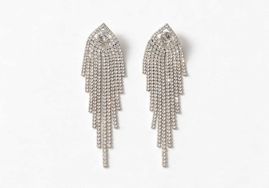 Silver-tone earrings featuring a teardrop pave base with a large round center stone and multiple cascading pave chain tassels.