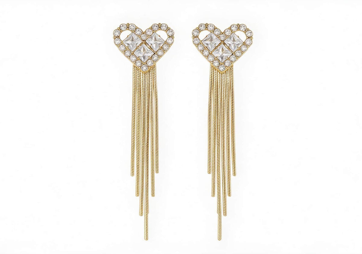 Hollow heart drop earrings with round zirconia, square rhinestones, and dangling snake chain metal tassels.