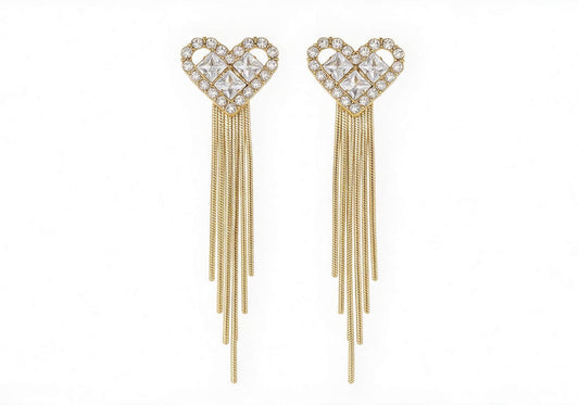 Hollow heart drop earrings with round zirconia, square rhinestones, and dangling snake chain metal tassels.
